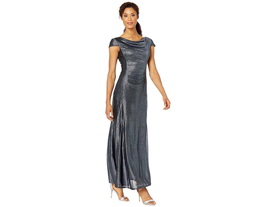 Long Cap-Sleeve Metallic Knit Gown W7570