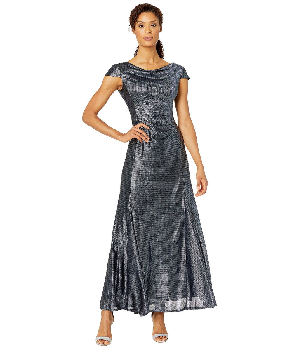 Long Cap-Sleeve Metallic Knit Gown W7570