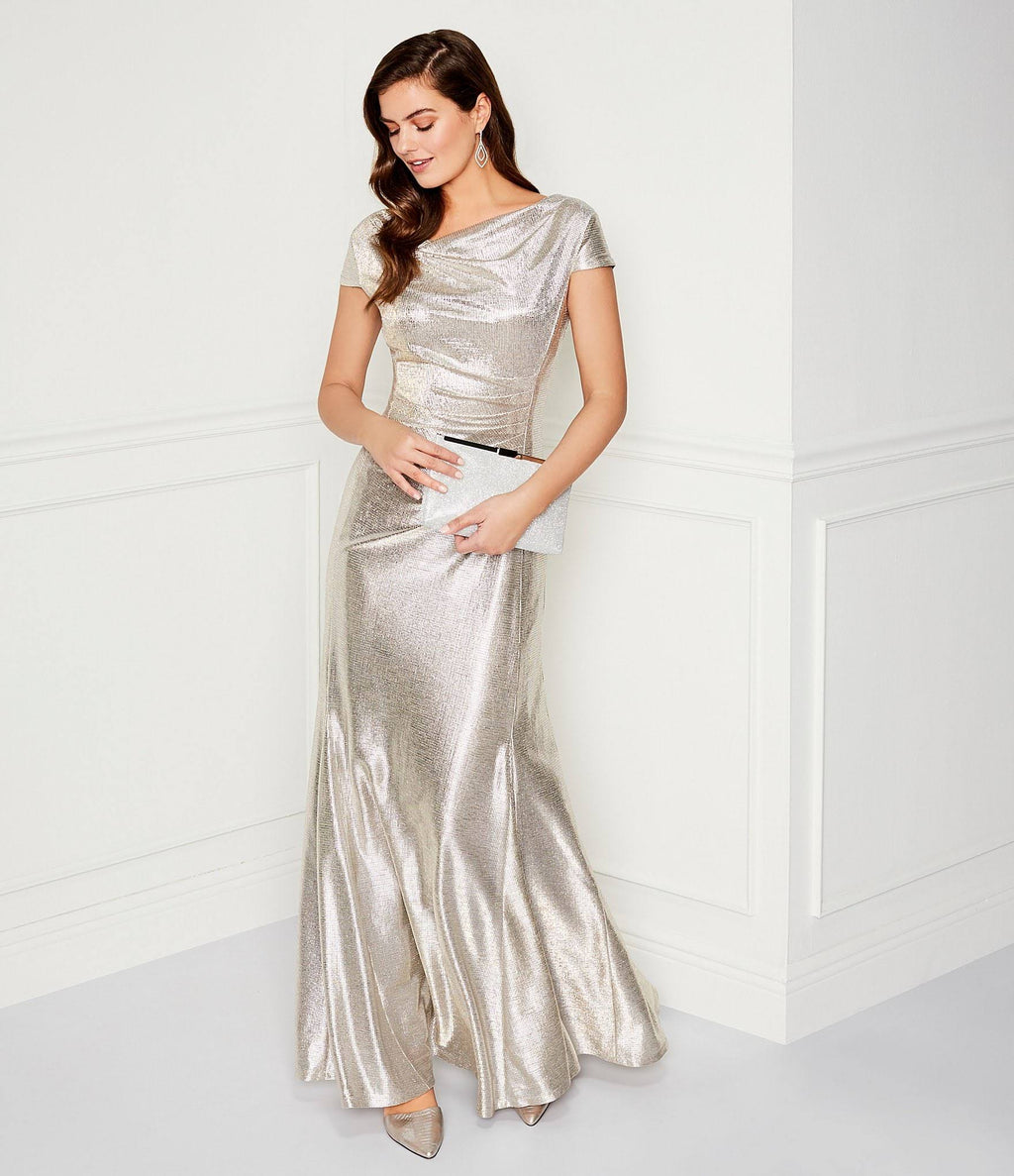 Long Cap-Sleeve Metallic Knit Gown W7570
