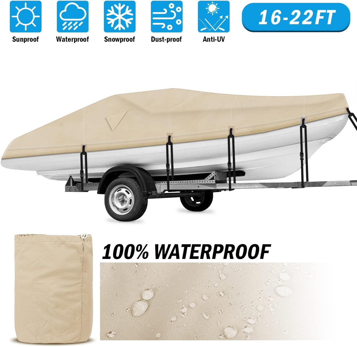 Heavy Duty 600D Waterproof Boat Cover 20-22ft Gray N690071
