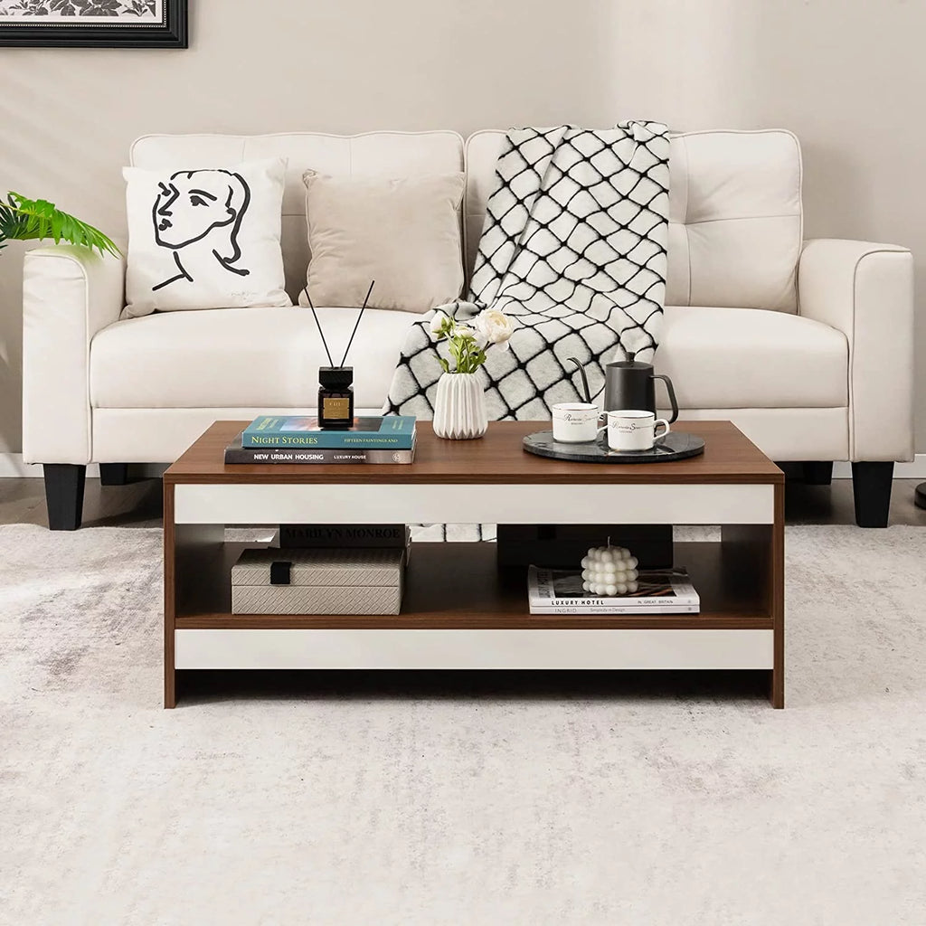 37 Inch Two-Tier Wooden Coffee Table with Storage Shelf E6038
