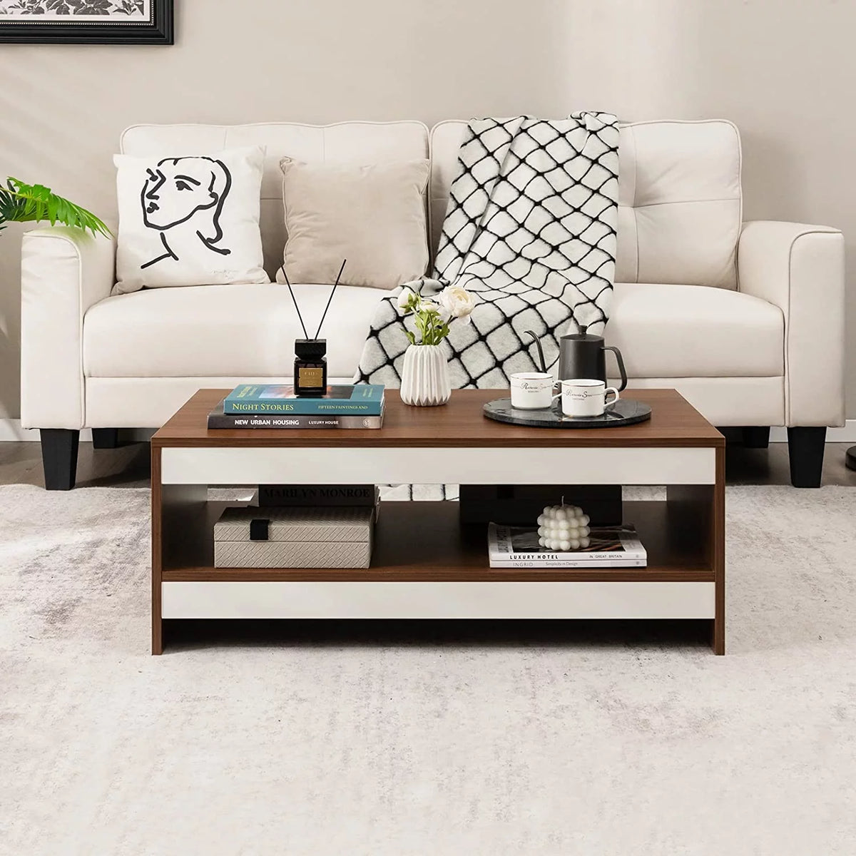 37 Inch Two-Tier Wooden Coffee Table with Storage Shelf E6038