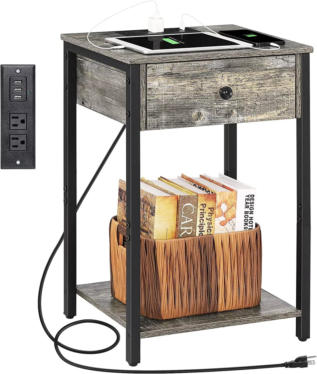 Gray Nightstand End Table with Charging Station and Drawer K57900