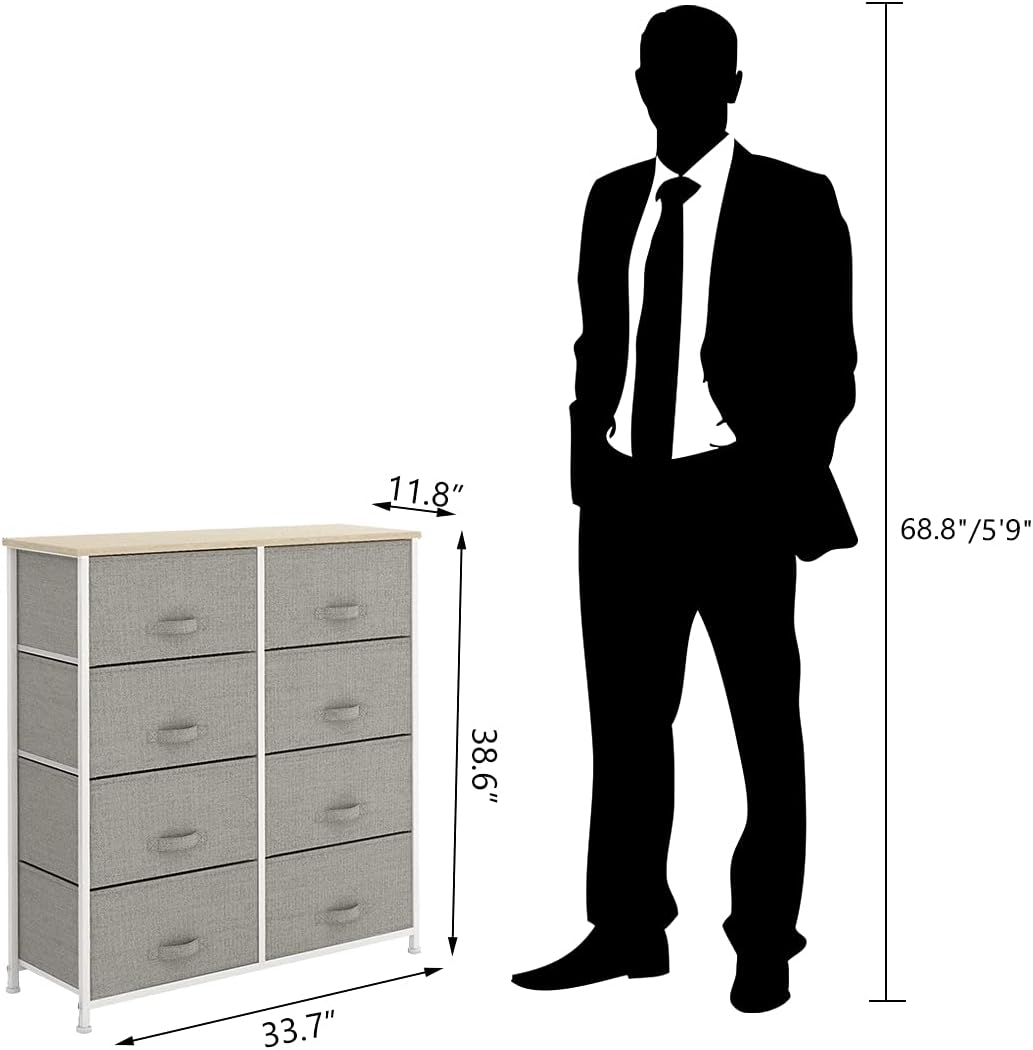 Light grey 8 Drawer Fabric Dresser with Steel Frame and Wooden Top T72017