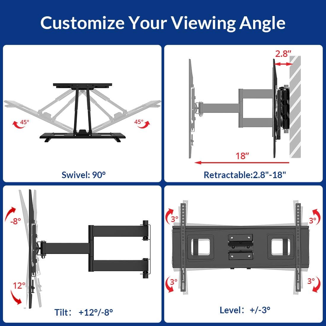 32-70 Inch Articulating Full Motion Swivel Tilt TV Wall Mount Bracket 18 Inches Arm Max VESA 600x400mm 132 lbs with 10ft HDMI Cable Pack of 2 Q75626