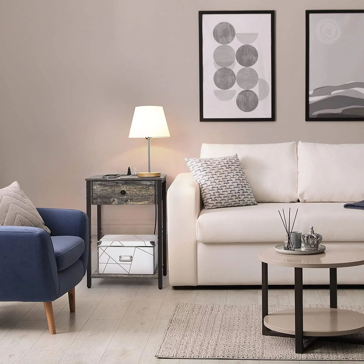 Gray Nightstand End Table with Charging Station and Drawer K57900