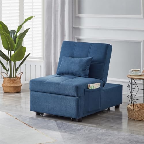 Blue Linen Fabric Convertible Sofa Chair Bed with Pillow V402