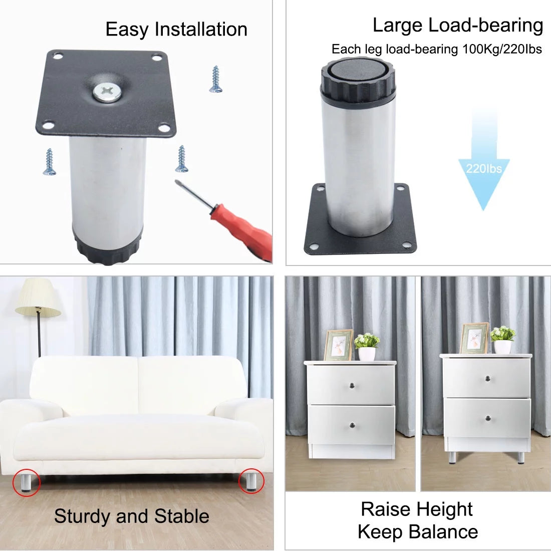 6 Inch Stainless Steel Adjustable Furniture Legs 8pcs K8648