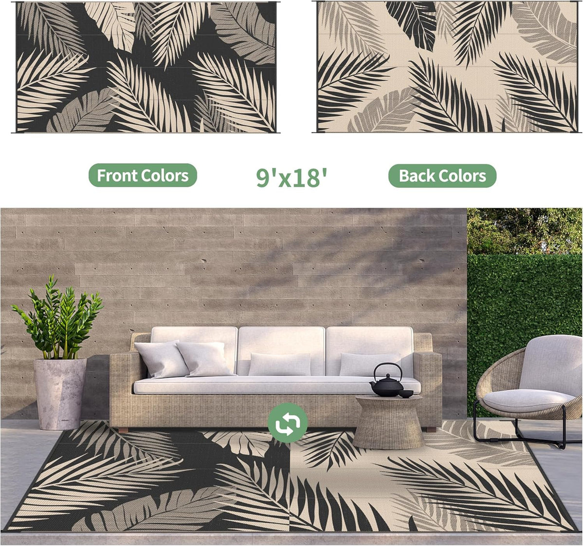 9' x 18' Waterproof Reversible Outdoor Rug Black Beige O43111