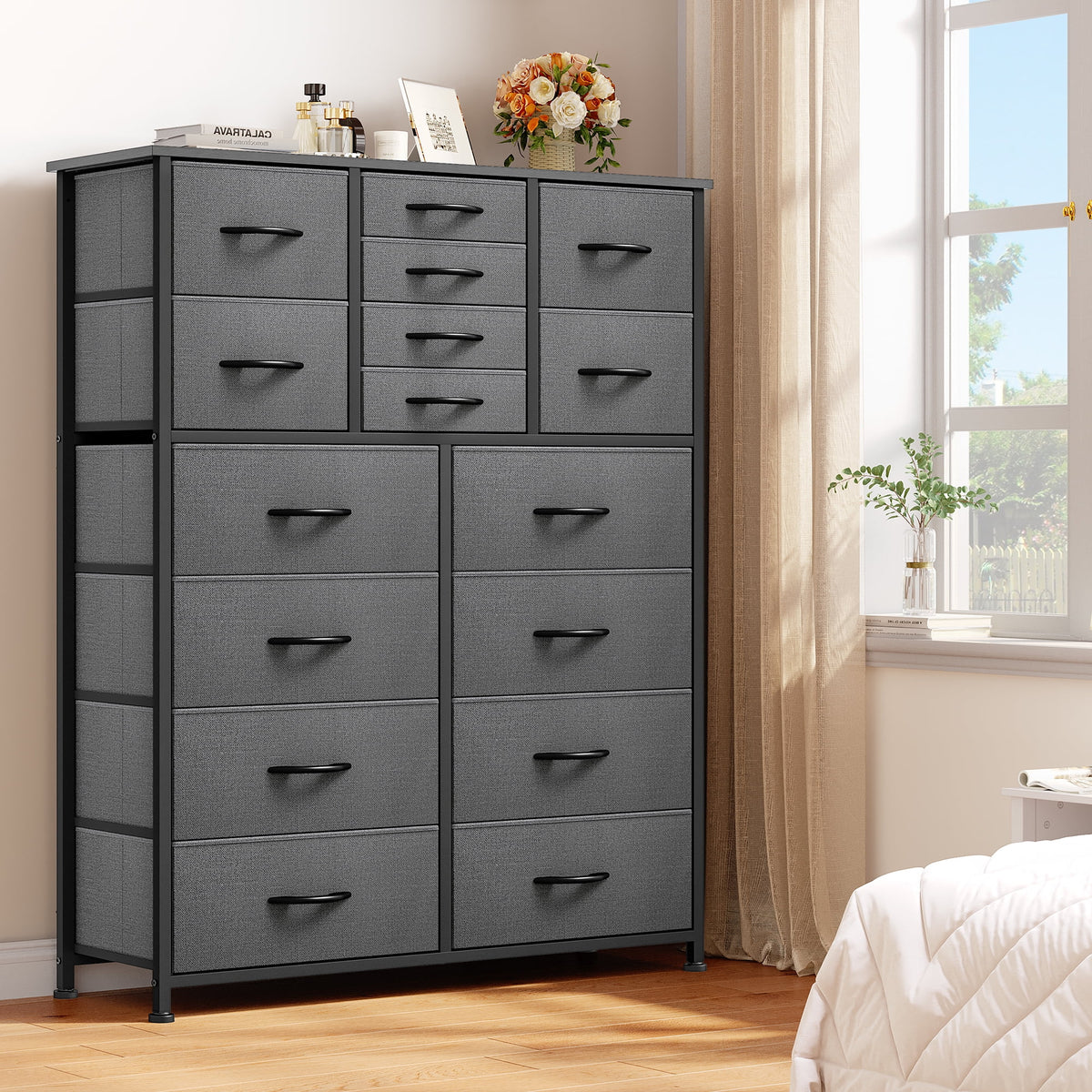 16 Drawer Fabric Dresser with Metal Frame and Wooden Top I7478