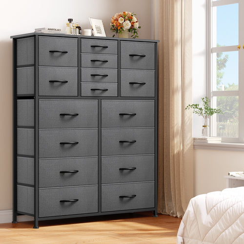 16 Drawer Fabric Dresser with Metal Frame and Wooden Top I7478