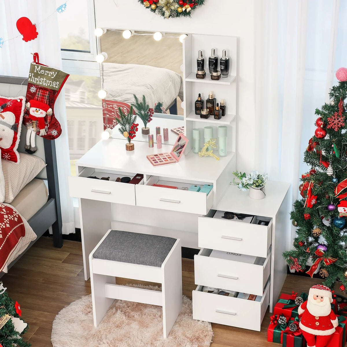 Large Vanity Set with 10 LED Lights, 3-Drawer Chest, Cushioned Stool, White E603122