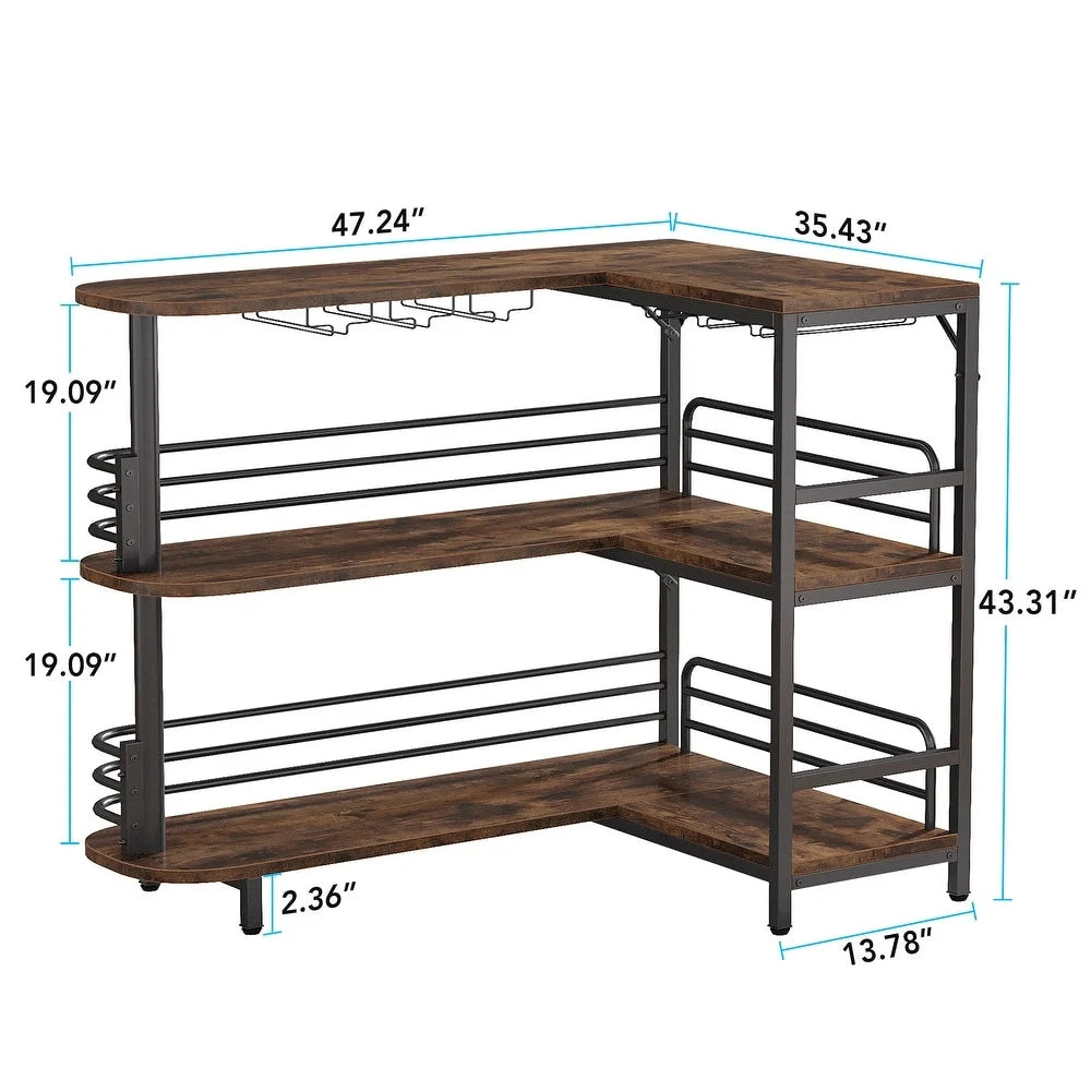 L-Shaped 3 Tier Liquor Bar Table with Storage Shelves and Wine Glasses Holder W468