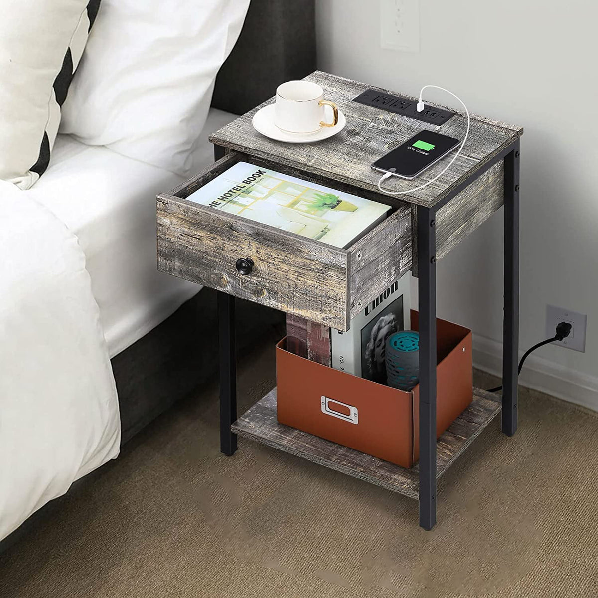 Gray Nightstand End Table with Charging Station and Drawer K57900