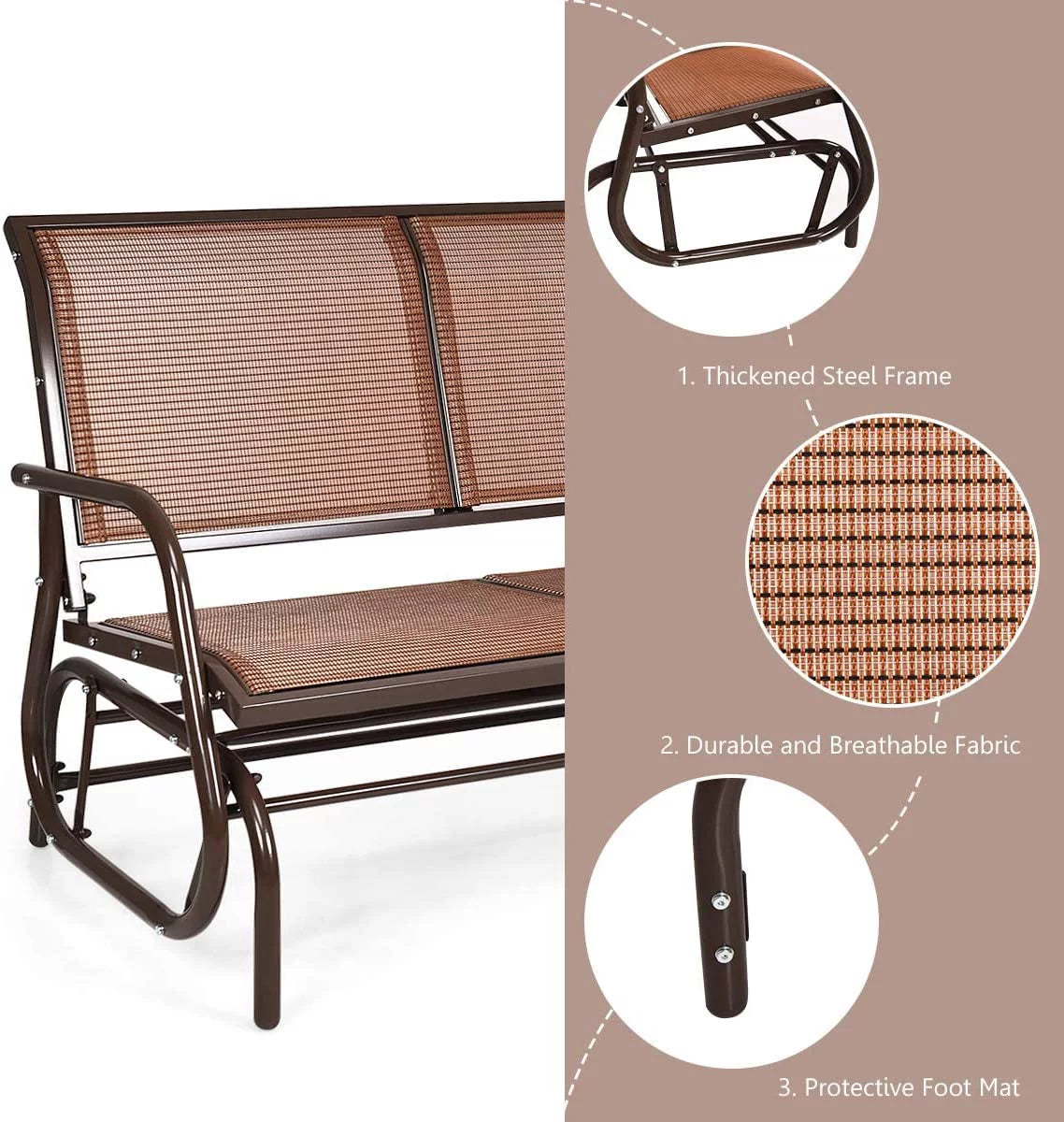 Brown Steel 48 Inch 2 Person Swing Glider Chair I1918