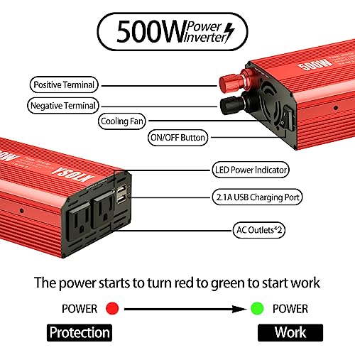500W Power Inverter DC 12V to 110V AC Converter with 2 USB Ports and 2 AC Outlet V11215