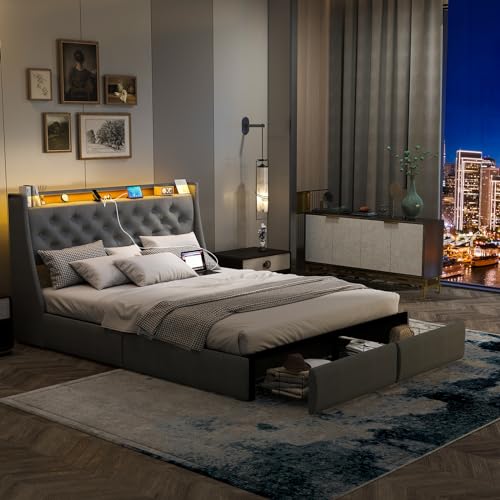 Gray Full Size Upholstered Bed Frame with 4 Storage Drawers and LED Lights N55373