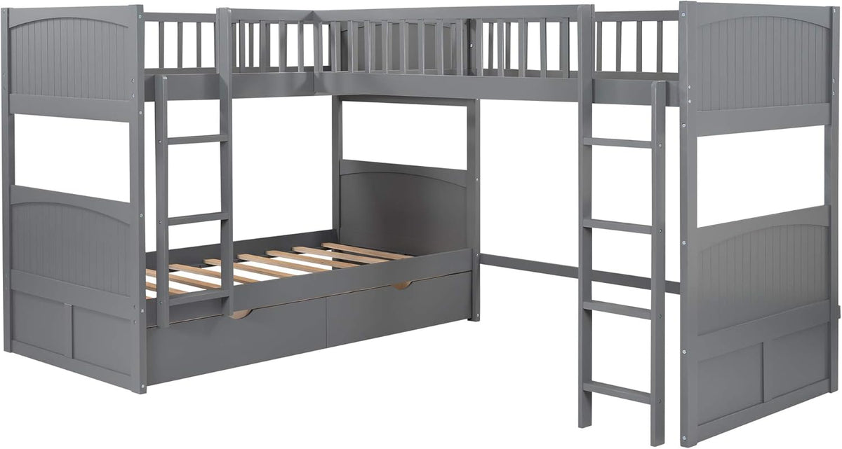 Gray Wooden Triple Bunk Beds with 2 Storage Drawers K4656