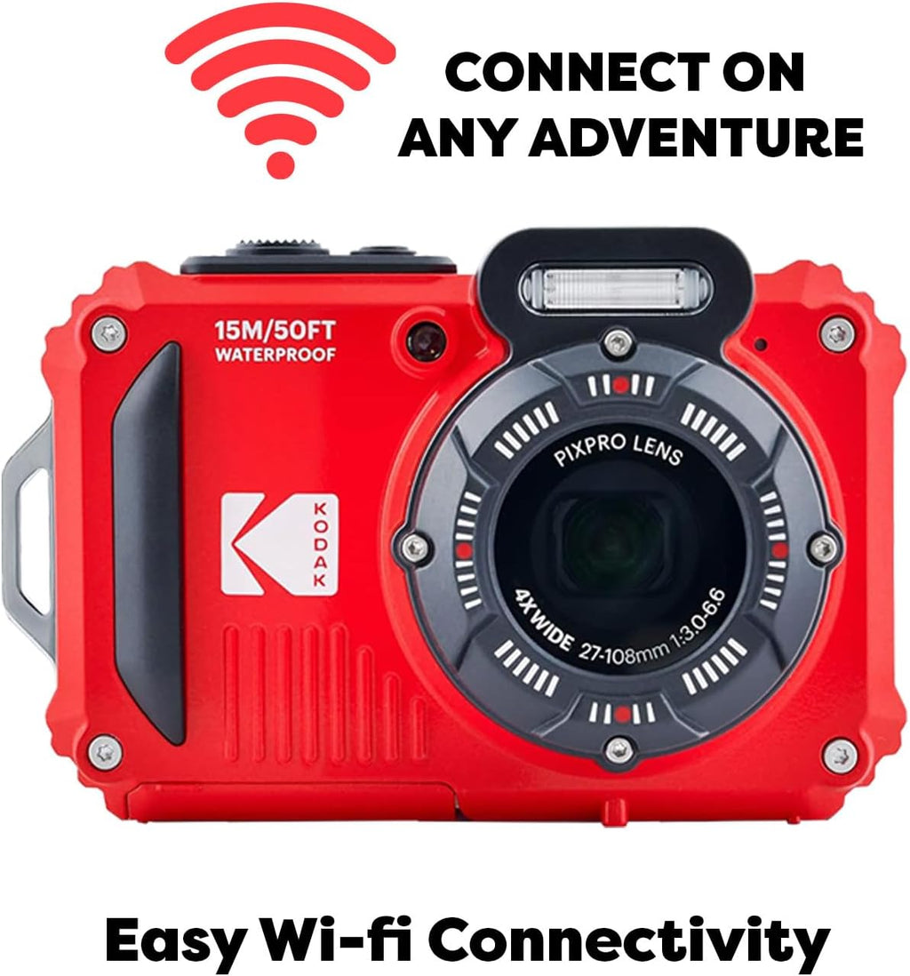 Red Rugged Waterproof Digital Camera with Case, Monopod, Card Reader (9 Items) J883