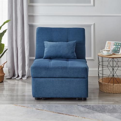 Blue Linen Fabric Convertible Sofa Chair Bed with Pillow V402