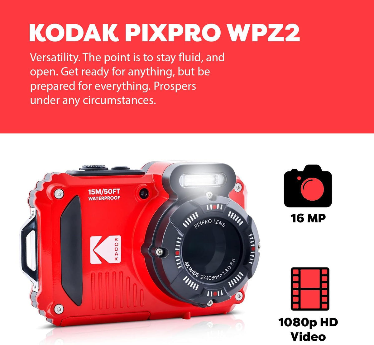 Red Rugged Waterproof Digital Camera with Case, Monopod, Card Reader (9 Items) J883