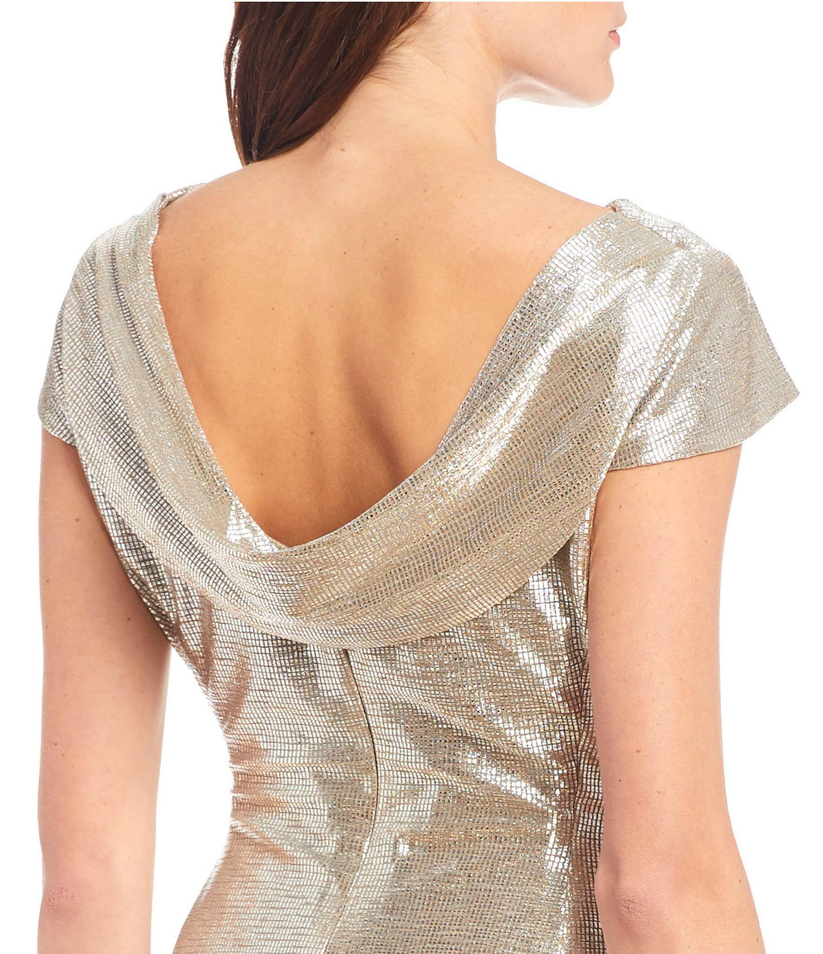 Long Cap-Sleeve Metallic Knit Gown W7570
