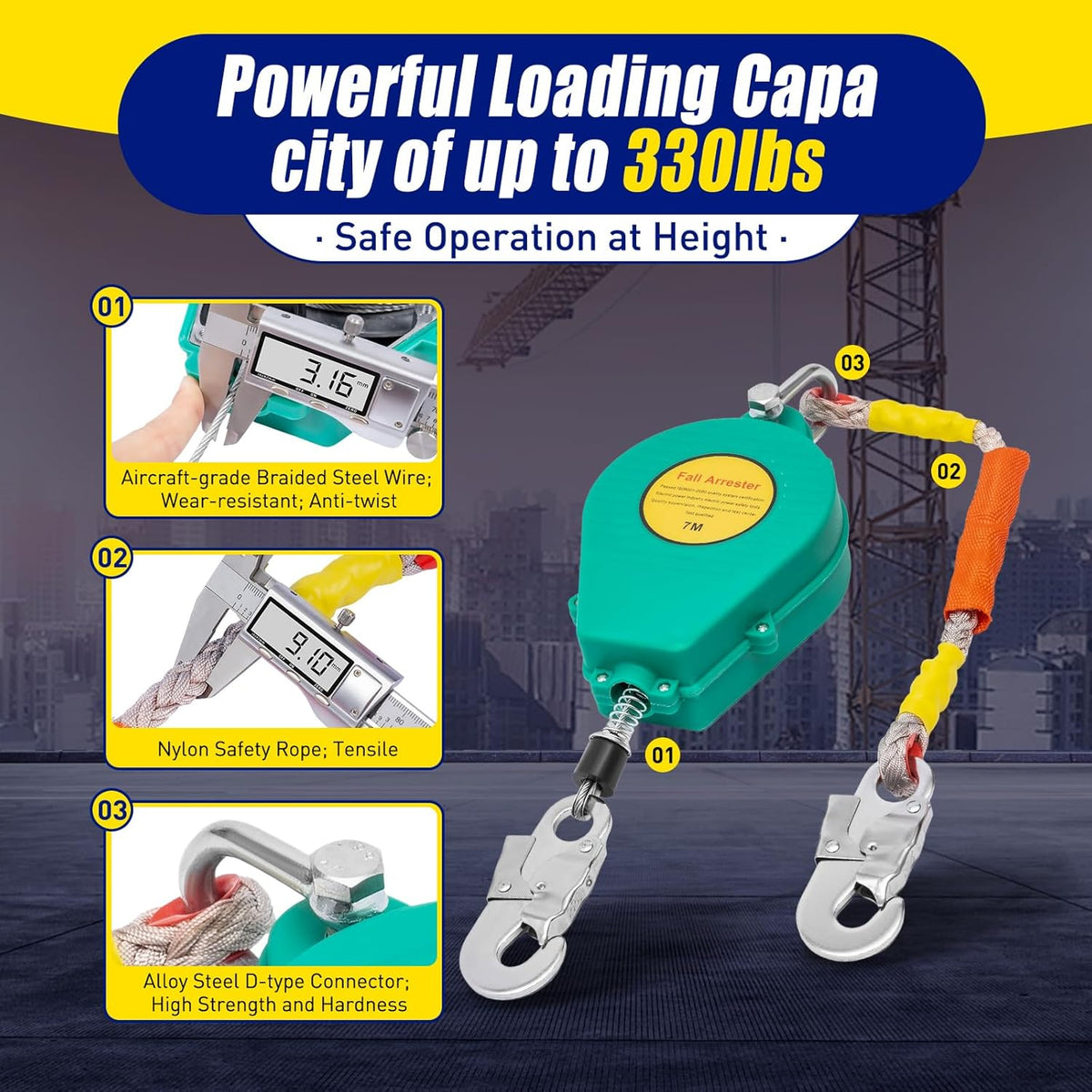 Self Retracting Lifeline 330lbs Fall Arrester Retractable Fall Protection Safety Harness with Alloy Steel Hook & Steel Wire Rope G7484