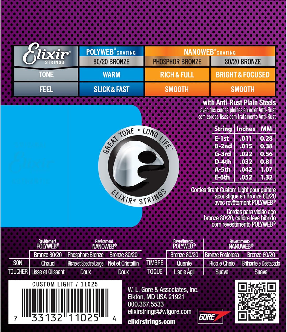 Acoustic Guitar Strings, 80/20 Bronze with POLYWEB Coating, 6 String Set, Custom Light 11-52 C421190