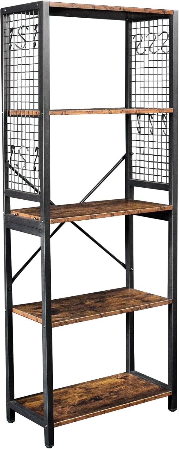 Black 5-Tier Industrial Bookshelf with 12 S-Shaped Hooks E402