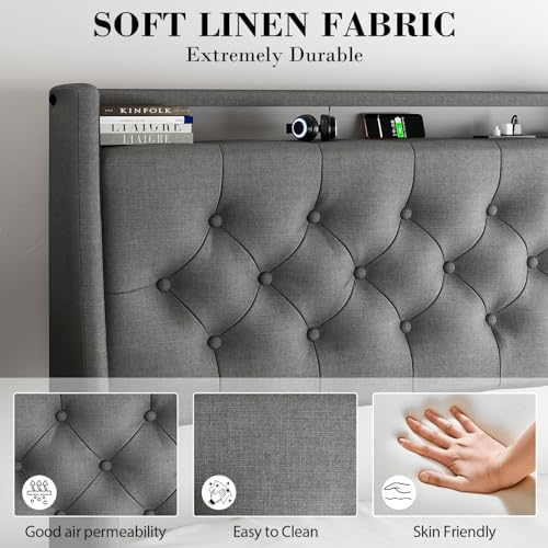 Gray Full Size Upholstered Bed Frame with 4 Storage Drawers and LED Lights N55373