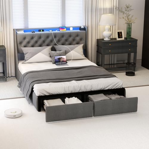 Gray Full Size Upholstered Bed Frame with 4 Storage Drawers and LED Lights N55373