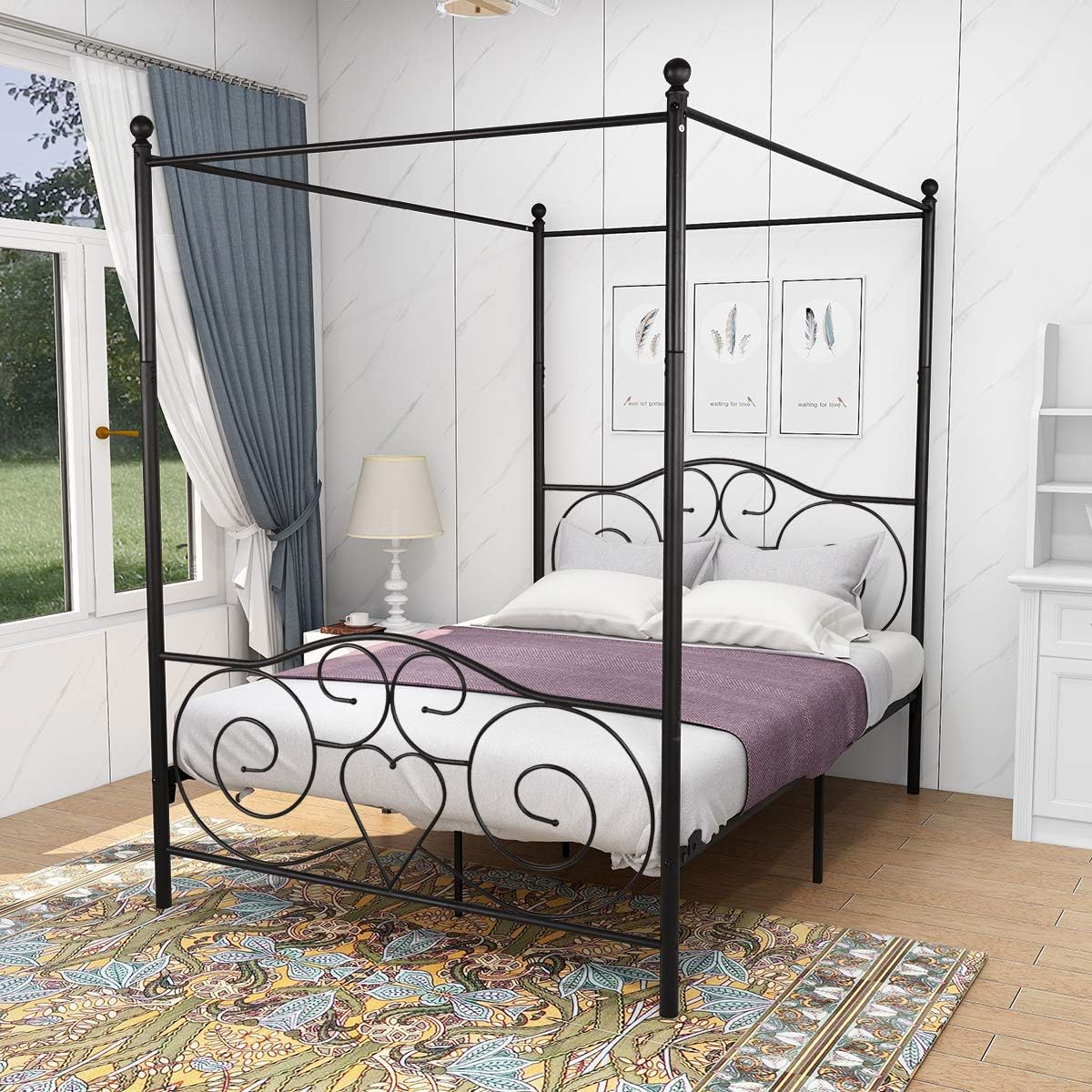 Queen Size Black Metal Canopy Bed Frame with Headboard and Footboard W857