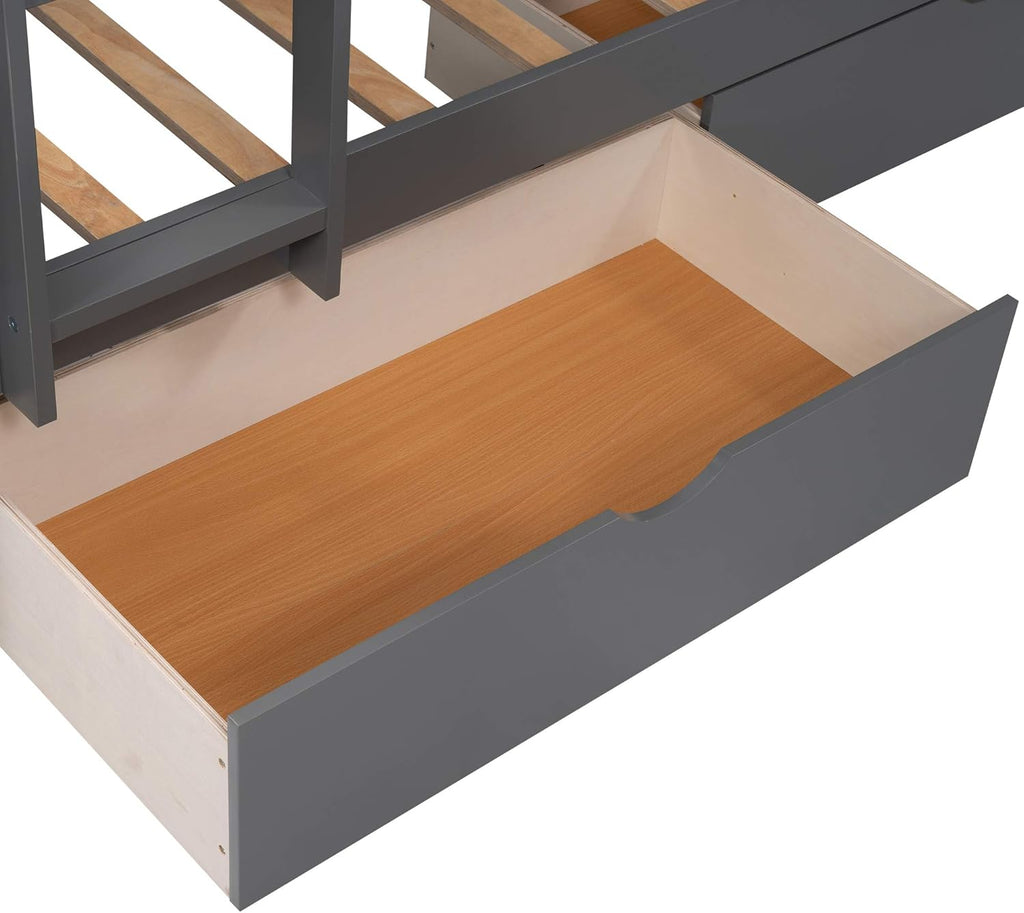 Gray Wooden Triple Bunk Beds with 2 Storage Drawers K4656