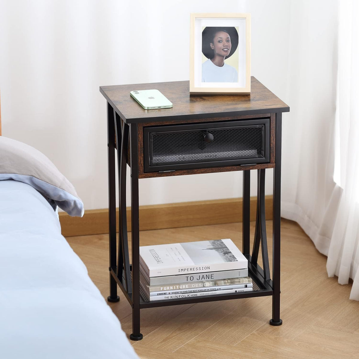 Rustic Brown Nightstand with Storage Cabinet and Shelf A671