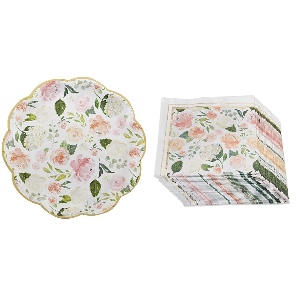 Pink Floral Paper Plates (Set of 16) and Paper Cocktail Napkins (Set of 30) L177