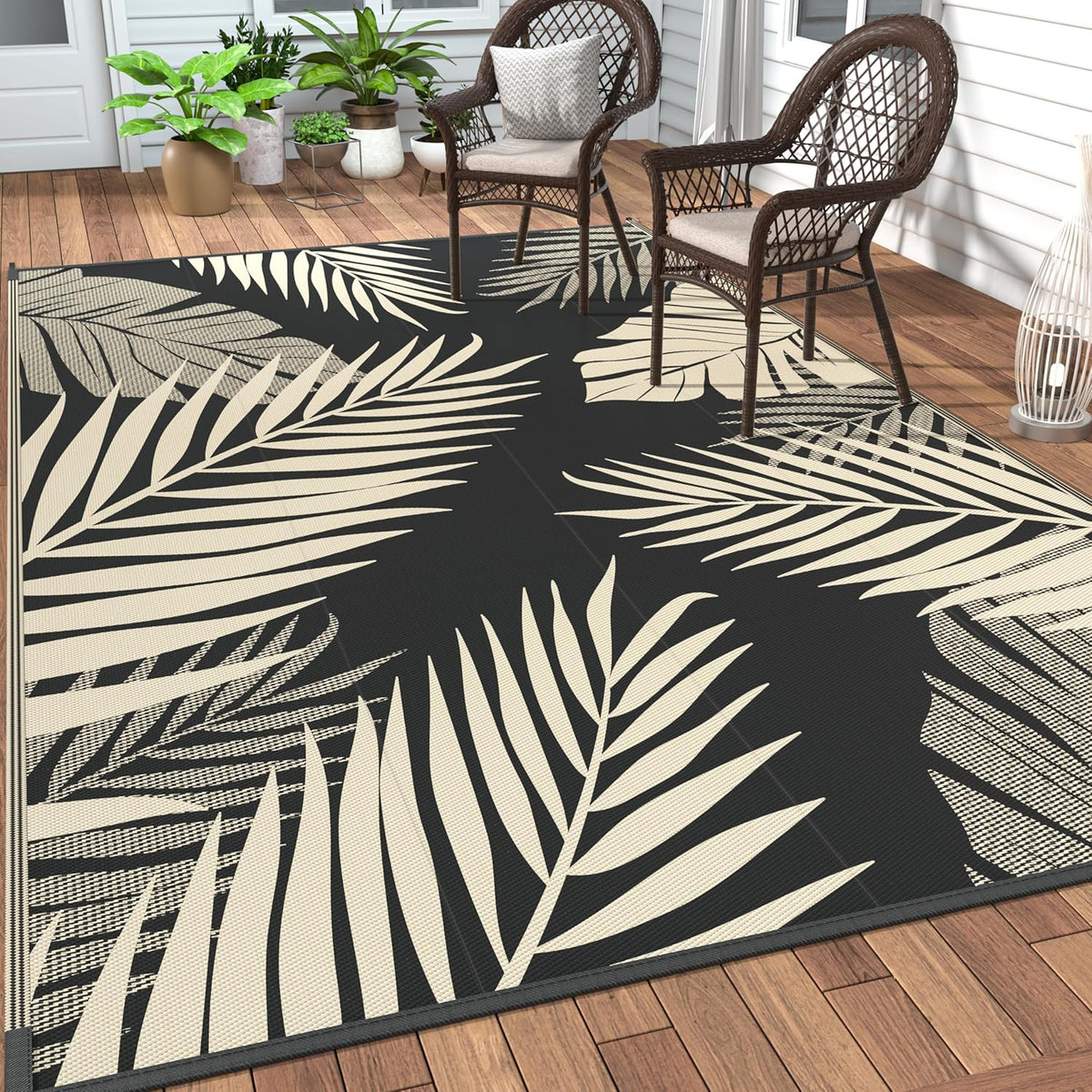 9' x 18' Waterproof Reversible Outdoor Rug Black Beige O43111