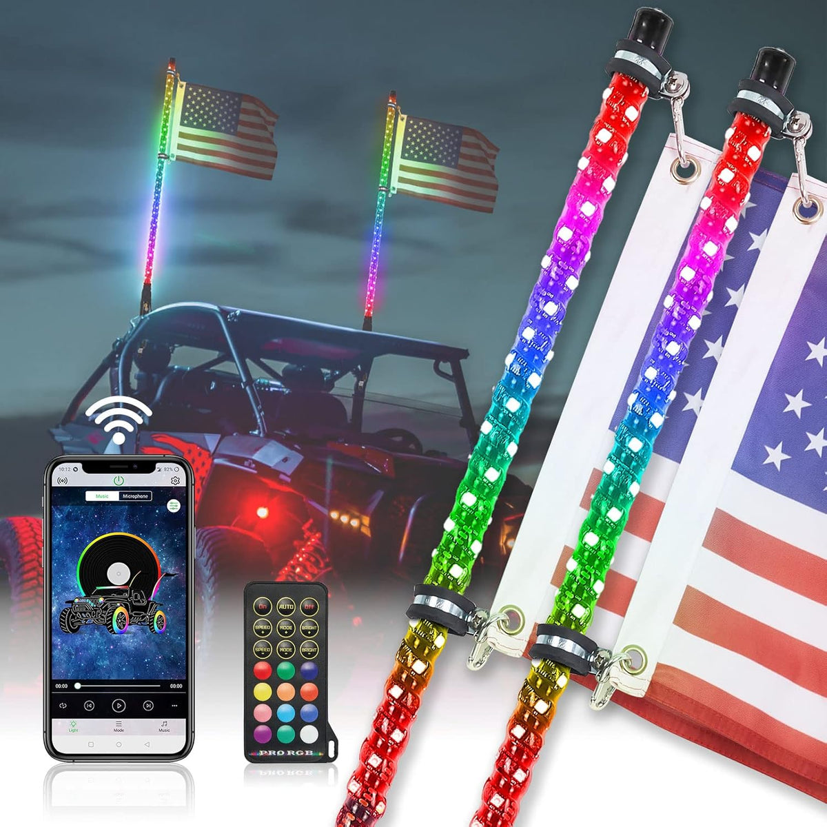 LED Whip Lights with Bluetooth and Flag Pole, 366+ Lighting Modes RGB, 2pcs 3ft V309