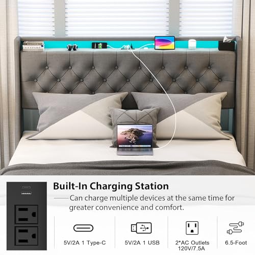 Gray Full Size Upholstered Bed Frame with 4 Storage Drawers and LED Lights N55373