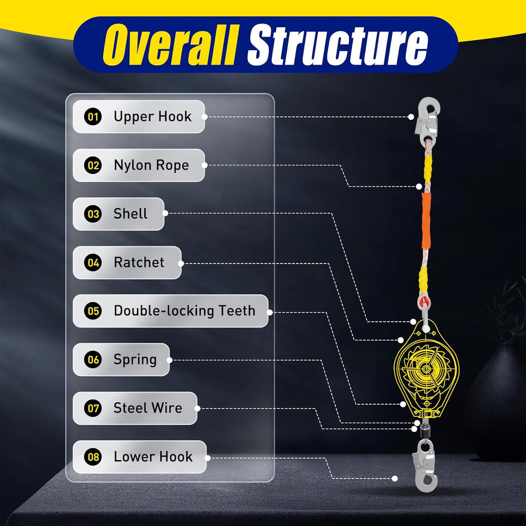 Self Retracting Lifeline 330lbs Fall Arrester Retractable Fall Protection Safety Harness with Alloy Steel Hook & Steel Wire Rope G7484