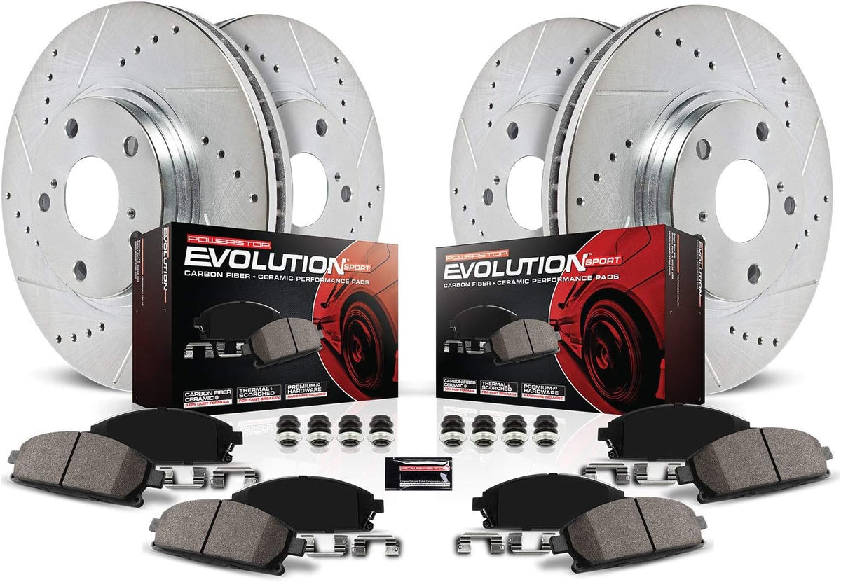 Front and Rear Carbon Fiber Brake Pads with Drilled & Slotted Brake Rotors Kit O364