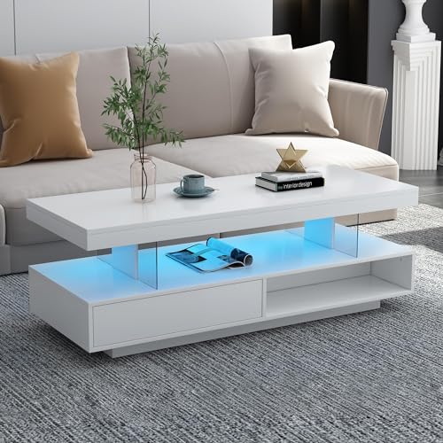 Black LED Coffee Table with Storage and Sliding Drawers V451716
