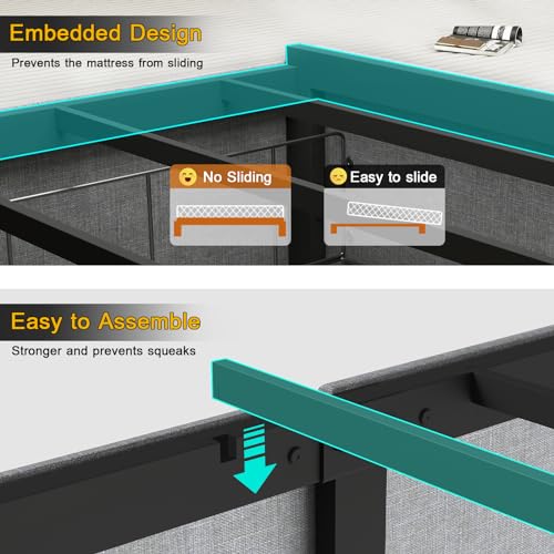 Gray Full Size Upholstered Bed Frame with 4 Storage Drawers and LED Lights N55373