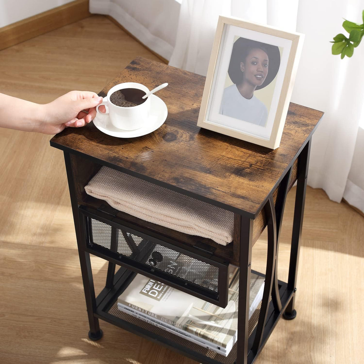 Rustic Brown Nightstand with Storage Cabinet and Shelf A671