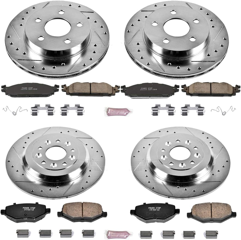 Front and Rear Carbon Fiber Brake Pads with Drilled & Slotted Brake Rotors Kit O364
