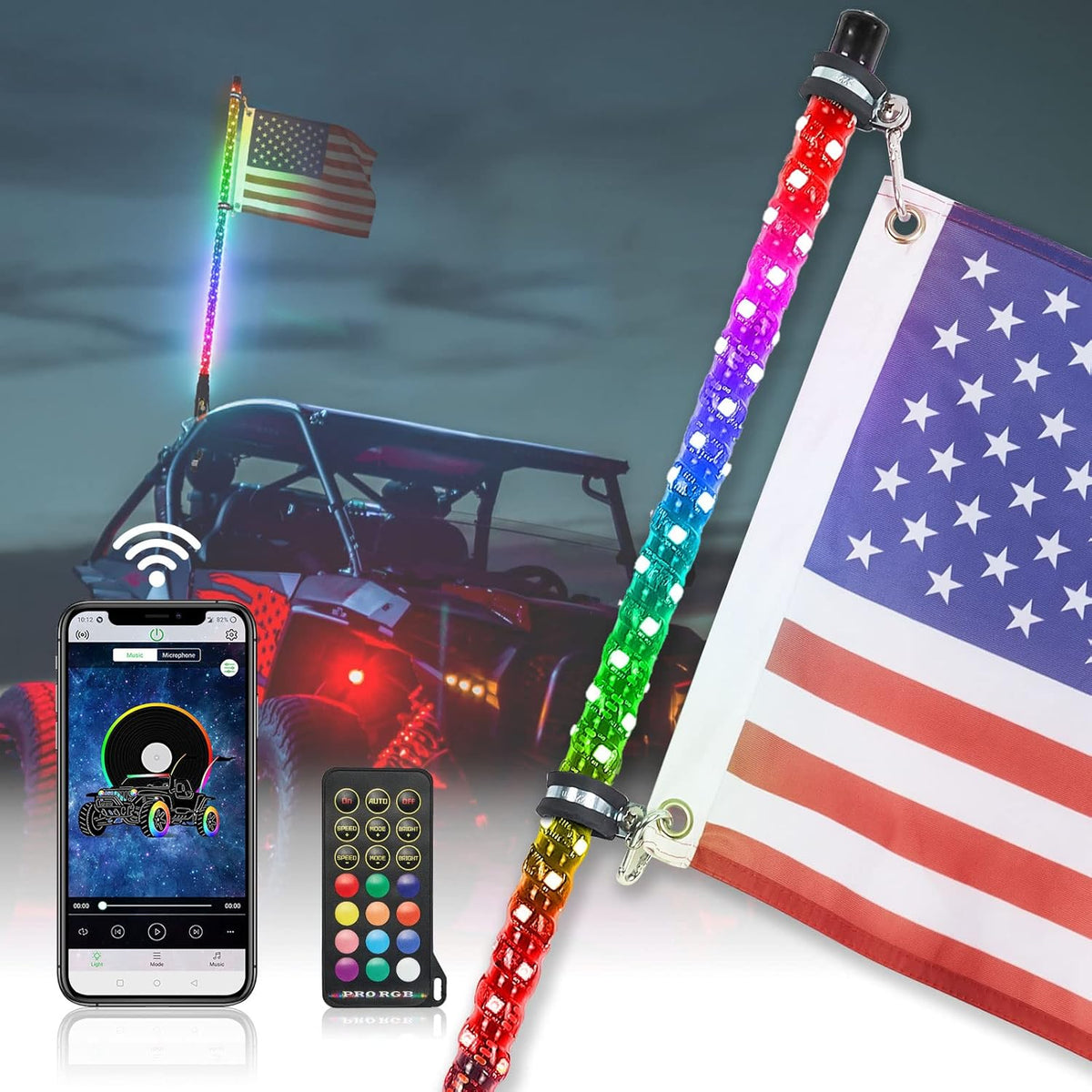 LED Whip Lights with Bluetooth and Flag Pole, 366+ Lighting Modes RGB, 2pcs 3ft V309