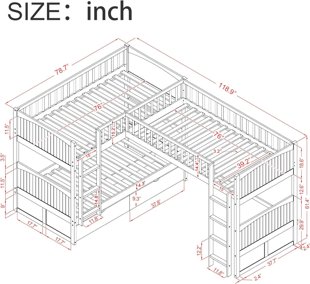 Gray Wooden Triple Bunk Beds with 2 Storage Drawers K4656