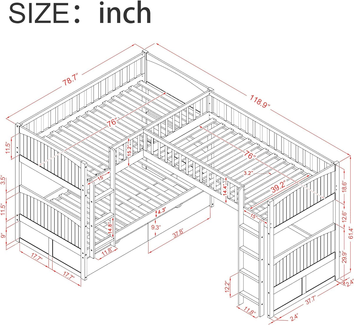 Gray Wooden Triple Bunk Beds with 2 Storage Drawers K4656