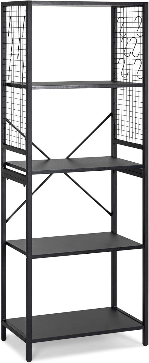 Black 5-Tier Industrial Bookshelf with 12 S-Shaped Hooks E402