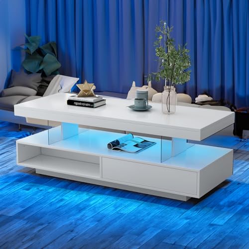 Black LED Coffee Table with Storage and Sliding Drawers V451716
