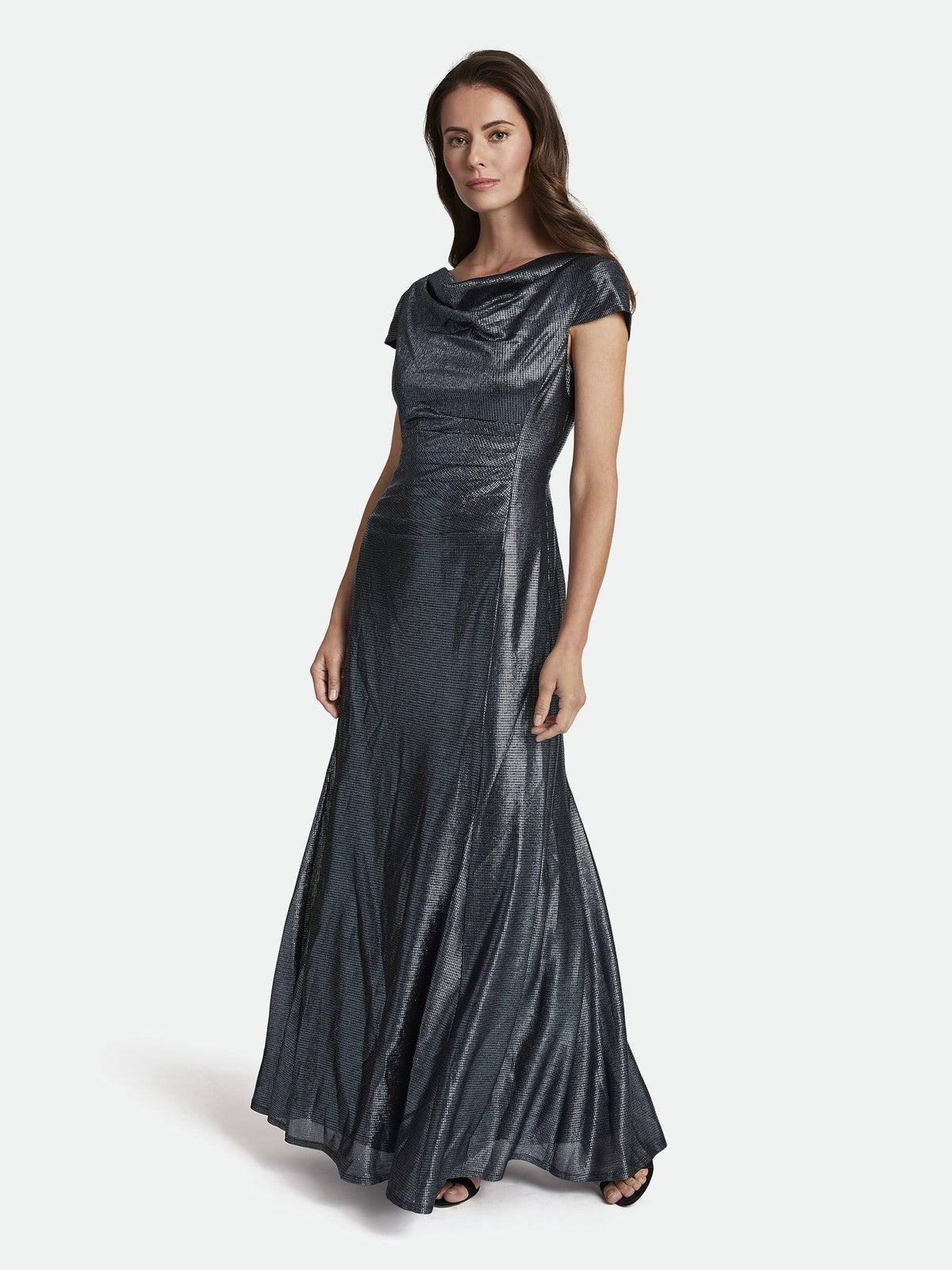 Long Cap-Sleeve Metallic Knit Gown W7570